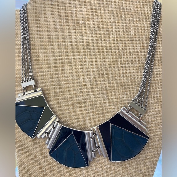 Express Jewelry - Express Signed Blue Silver Tone and Black Bib‎ Necklace